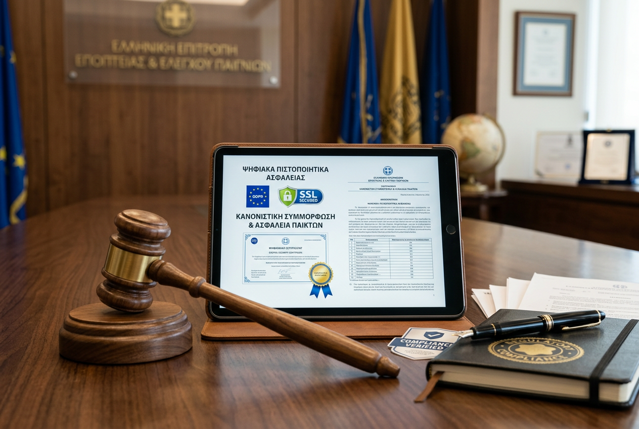 Έγγραφα και ψηφιακά σύμβολα ασφαλείας που αντιπροσωπεύουν το νομικό πλαίσιο.